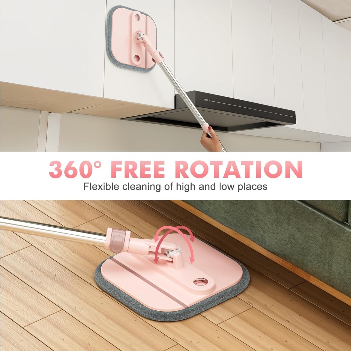 Upgraded Spin Mop and Bucket Set Self-Standing Mop Bucket Separate Dirty and Clean Water System Self Wringing 360° Rotating 90° Foldabl Mops and Buckets for Floor Cleaning (Pink, 2Pads)