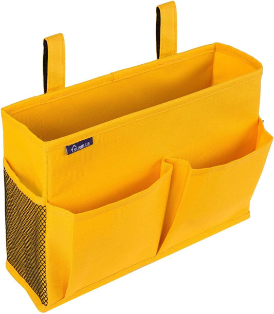 Surblue Bedside Caddy Hanging Bed Organizer Storage Bag Pocket for Bunk and Hospital Beds, College Dorm Rooms Baby Bed Rails, Camp 4 Pockets and 2 Hooks (Small, Yellow)