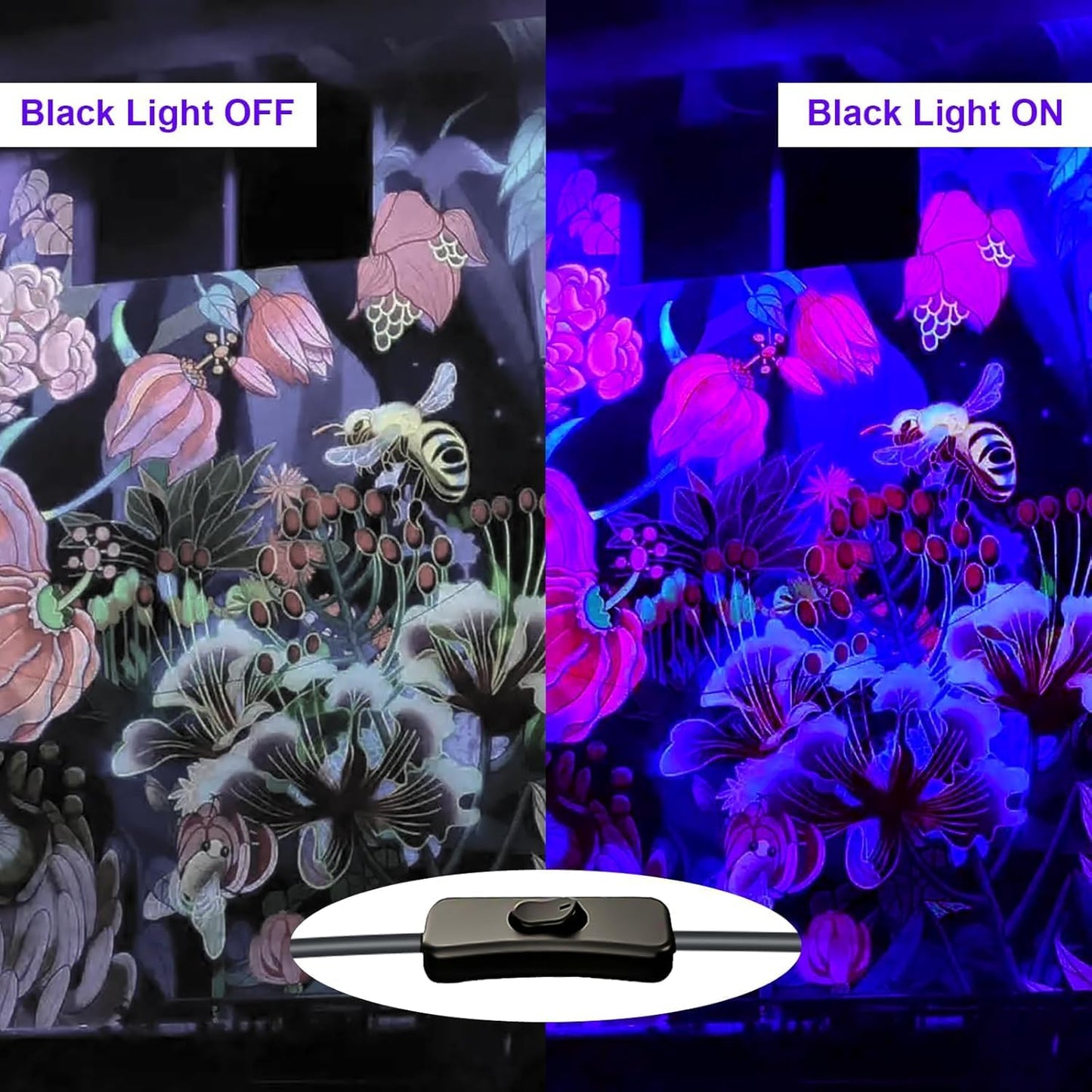 4 Pack 300W Black Lights, Blacklight Flood Light with Plug and Switch,for Glow Party, Black Light Party, Halloween, Body Paint, Neon Glow, Stage Lighting, Fluorescent Poster
