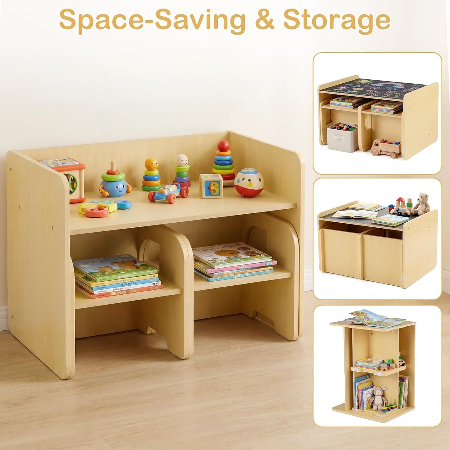 Olakids Montessori Weaning Table and Chair Set, Adjustable Height Kids Activity Desk with Blackboard 2 Chairs for Toddler Aged 1-3, Ideal for Step Stool Drawing Reading (Natural)