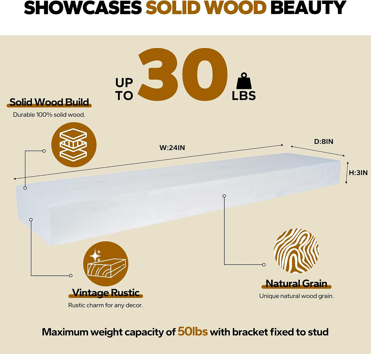 Floating Shelves 3 inch Thick for Wall Set of 2,Solid Pine Wood Wall Mount Shelf for Kitchen Living Room Bedroom Bathroom,8" D x 24" L x 3" H-White