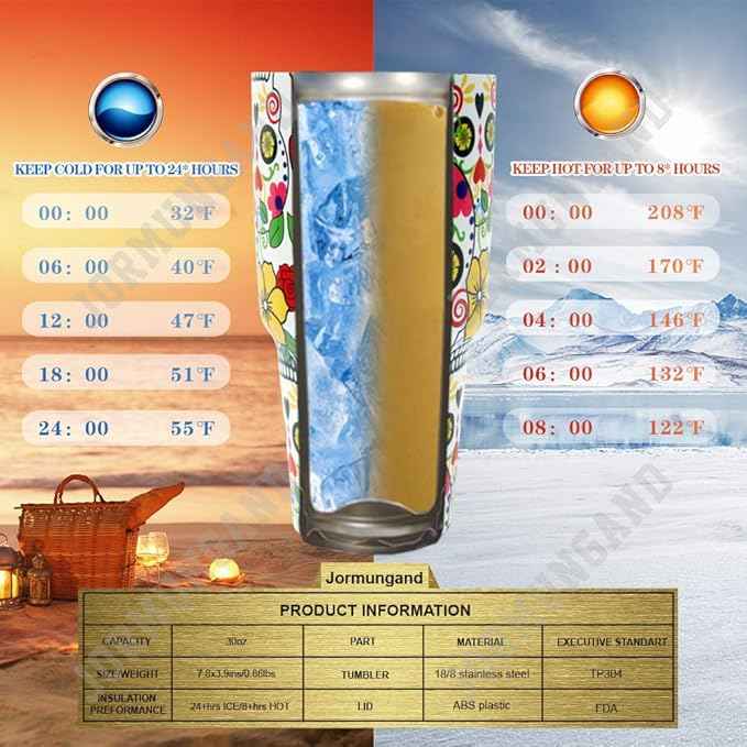 Jormungand 30 oz Tumbler Stainless Steel Vacuum Insulated Travel Mug with Leak Proof Lid Double Wall Coffee Cup Water Bottle for Cold Beverages 30oz tumbler Sugar Skull
