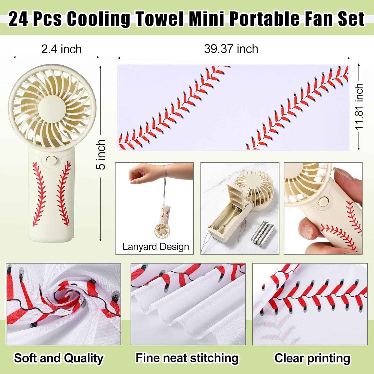 Retisee 24 Pcs Baseball Cooling Towel Mini Portable Fan Set 32 x 12 Inch Workout Towels Handheld Battery Powered Fan Sporting Baseball Gifts for Summer Team Gift Travel Camping Makeup Yoga Running