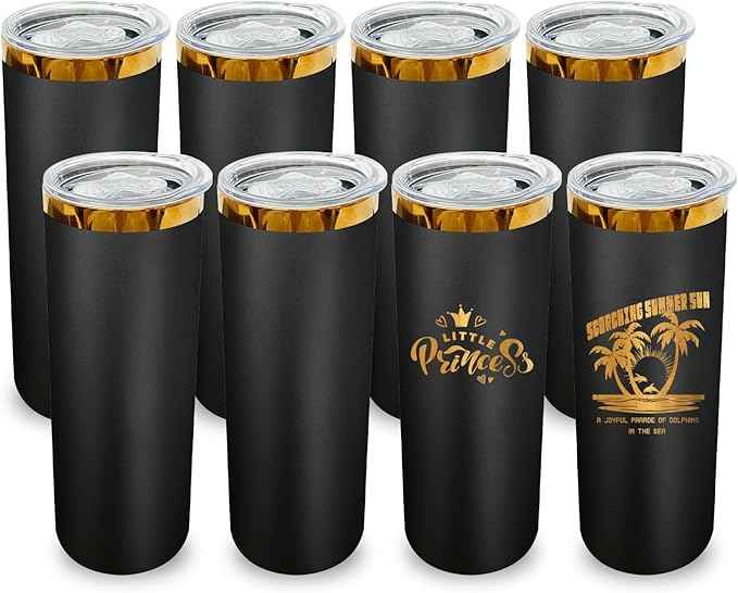 20 oz Skinny Tumblers Stainless Steel Tumbler with Lid and Straw Double Wall Vacuum Insulated Coffee Mug 20oz Powder Coated Cup for Hot and Cold Drinks(Black,8 pack)