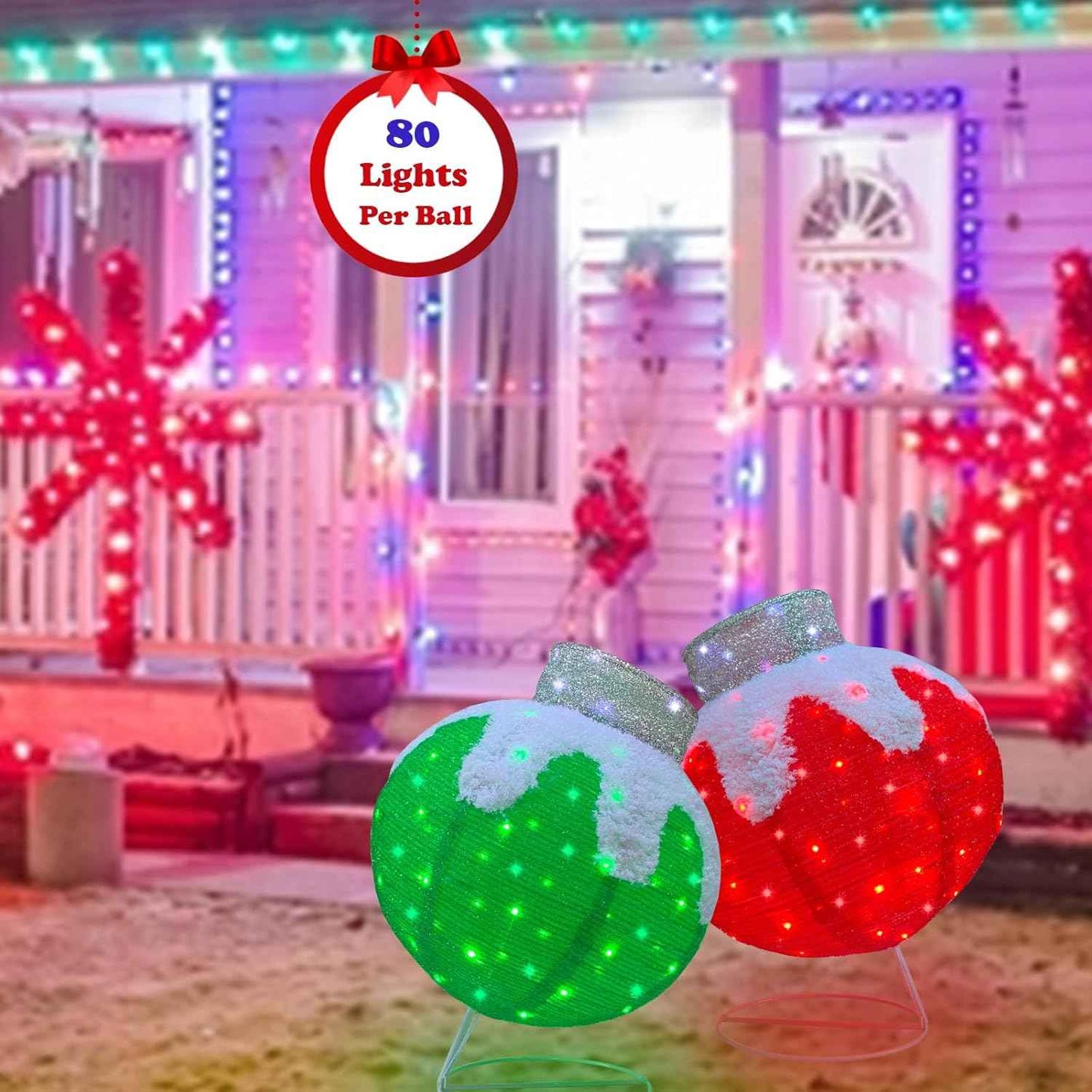 Outdoor Christmas Balls Lighted, 2pcs Pop-Up Christmas Ornaments Outdoor Decorations Prelit 160 Lights with 8 Flashing Effects, Collapsible Light Up Hanging Lantern Ball for Home Yard Decor-Red/Green