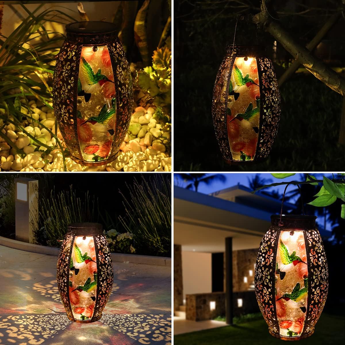Mothers Day Gifts,Solar Lanterns Outdoor Light Waterproof Hummingbird Garden Glass Decor Light Gifts for Women Mom Grandma Hanging Solar Decoration Lights Metal Outside for Yard, Backyard, Patio