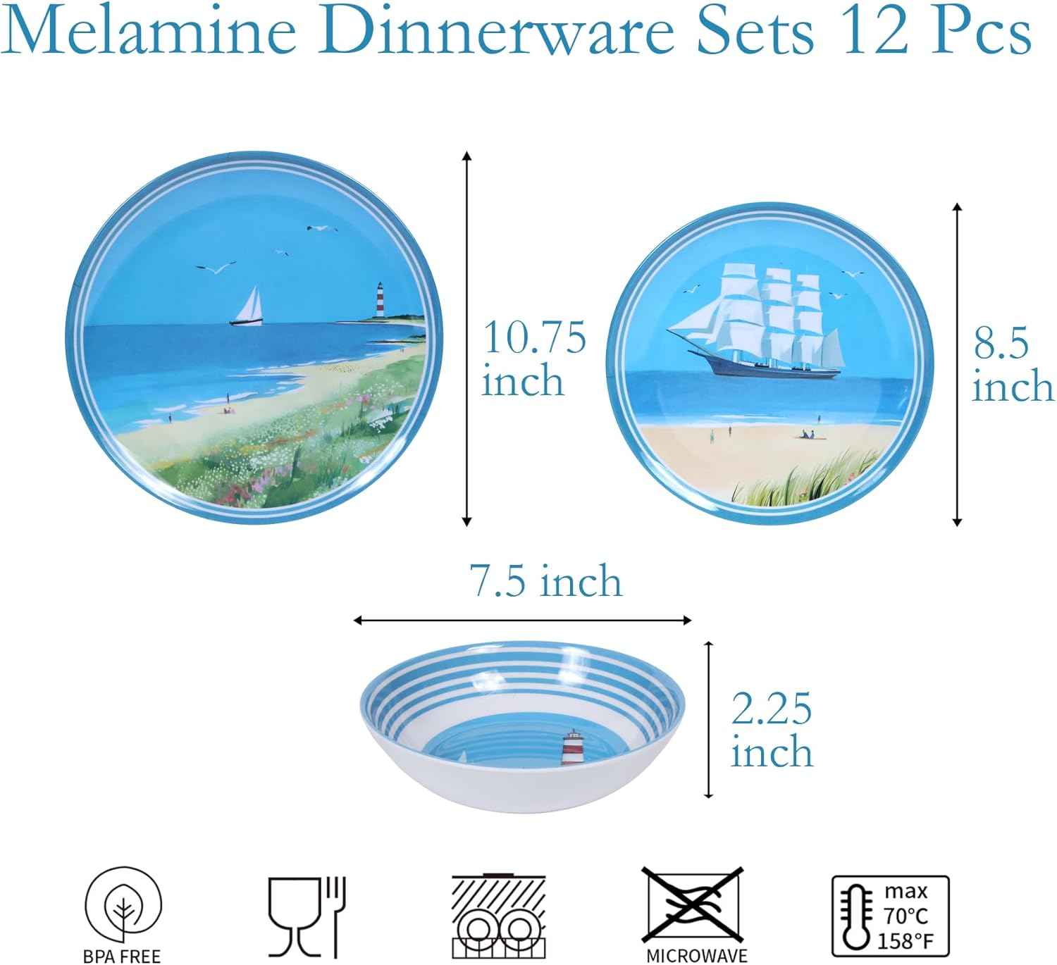 Outdoor Melamine Dinnerware Set 12-Piece, Beach Sailing Pattern Unbreakable Plates & Bowls, Dishwasher Safe Lightweight for Picnic Pool Party Camping（Sailboat）