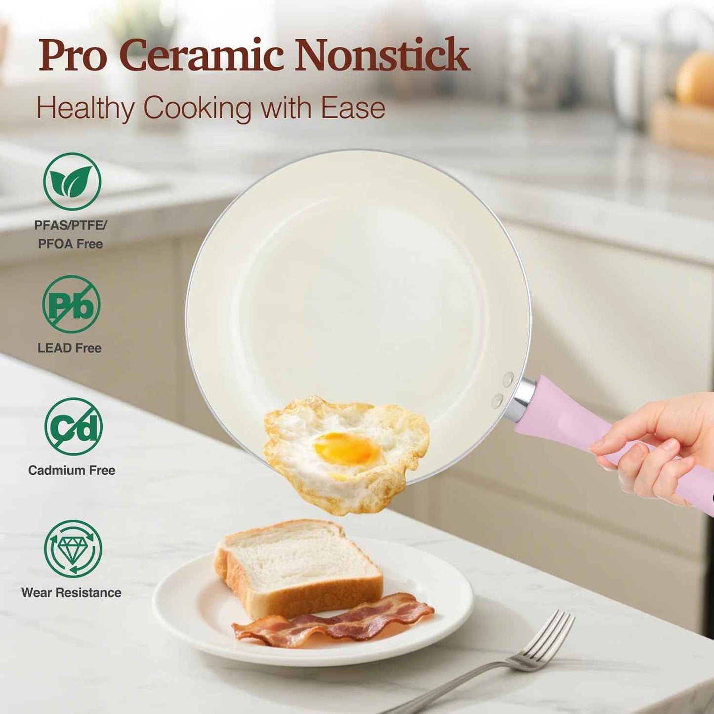 M MELENTA Pots and Pans Set Non Stick, Pink Ceramic Cookware Set, 11-Piece Induction Cookware, Non Toxic Healthy Kitchen Cooking Set, Gold Knobs Lids, Stay-Cool Handles