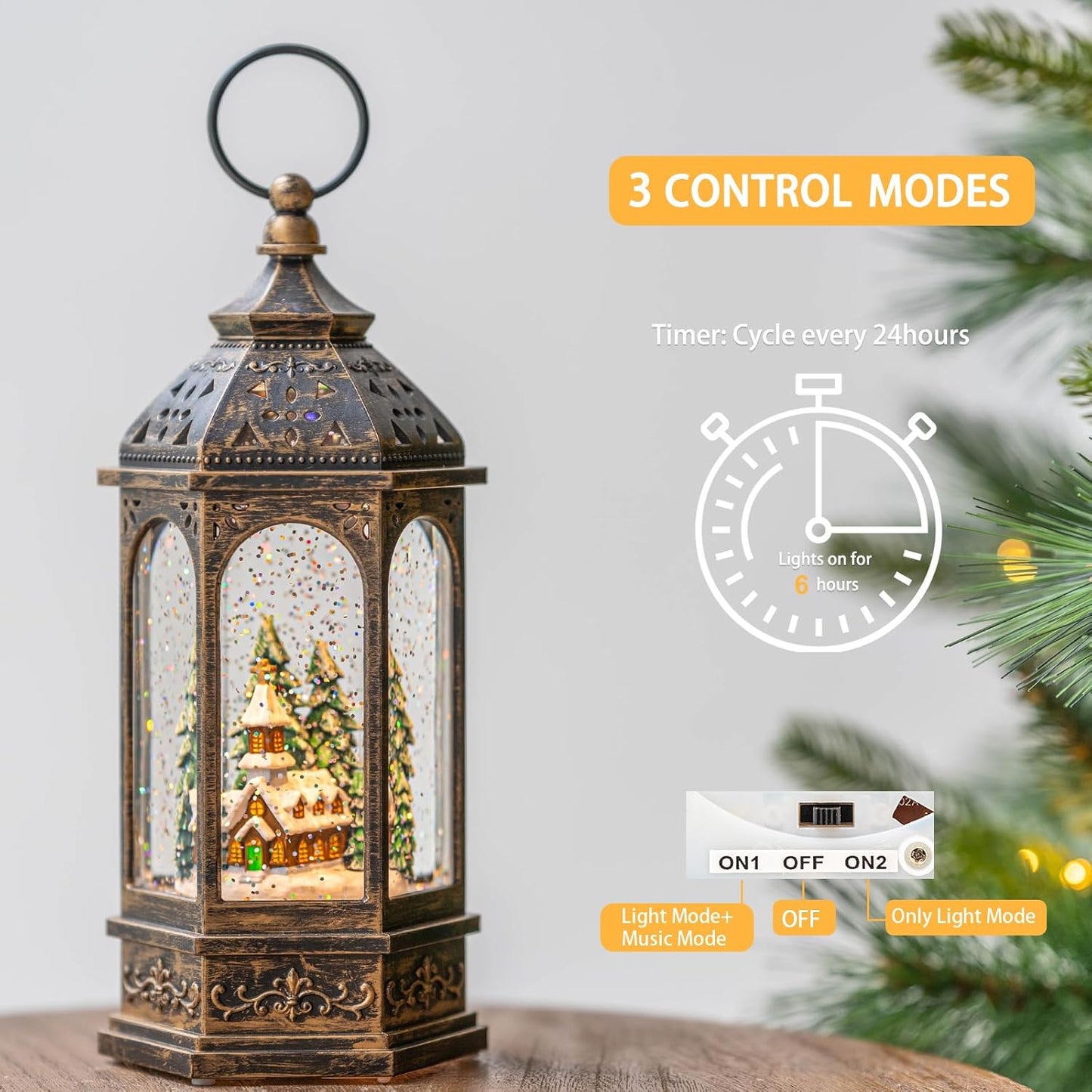 Christmas Snow Globe Lantern Lighted Church Musical Snow Water Lantern Swirling Glittering Home Decoration and Gift, Battery Operated or USB Powered