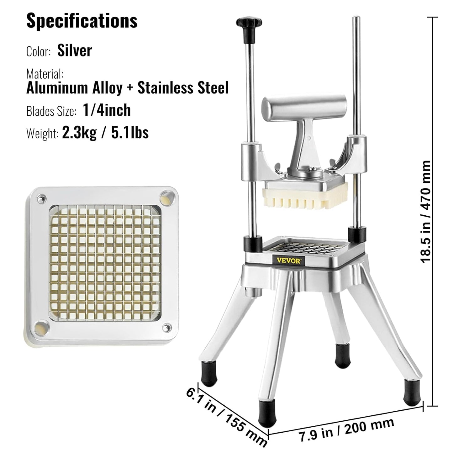 VEVOR Commercial Vegetable Fruit Chopper 1/4" Blade Heavy Duty Professional Food Dicer Kattex French Fry Cutter Onion Slicer Stainless Steel for Tomato Peppers Potato Mushroom