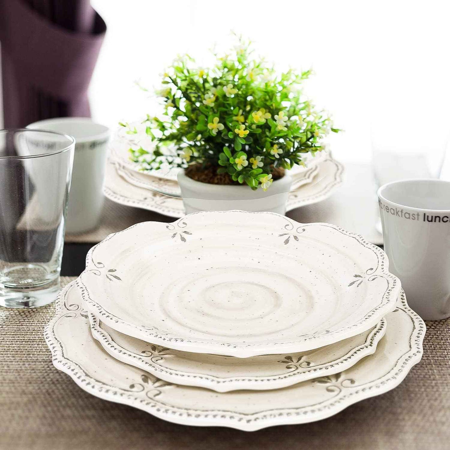 Dinnerware Sets 12 pcs Plates and Bowls Sets Melamine Plates Indoor and Outdoor use French Court Style Dish Set Plate Set for 4 Dishwasher Safe（White）