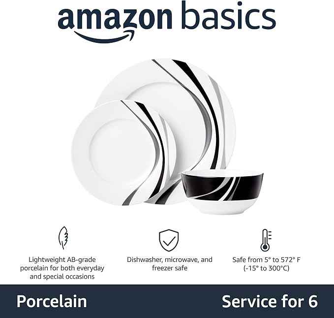 Amazon Basics 18-Piece Complete Kitchen Dinnerware Set, Microwave and Dishwasher Safe, Plates, Dishes, Bowls, Swirl, Heat Resistant, Service for 6, Everyday Use