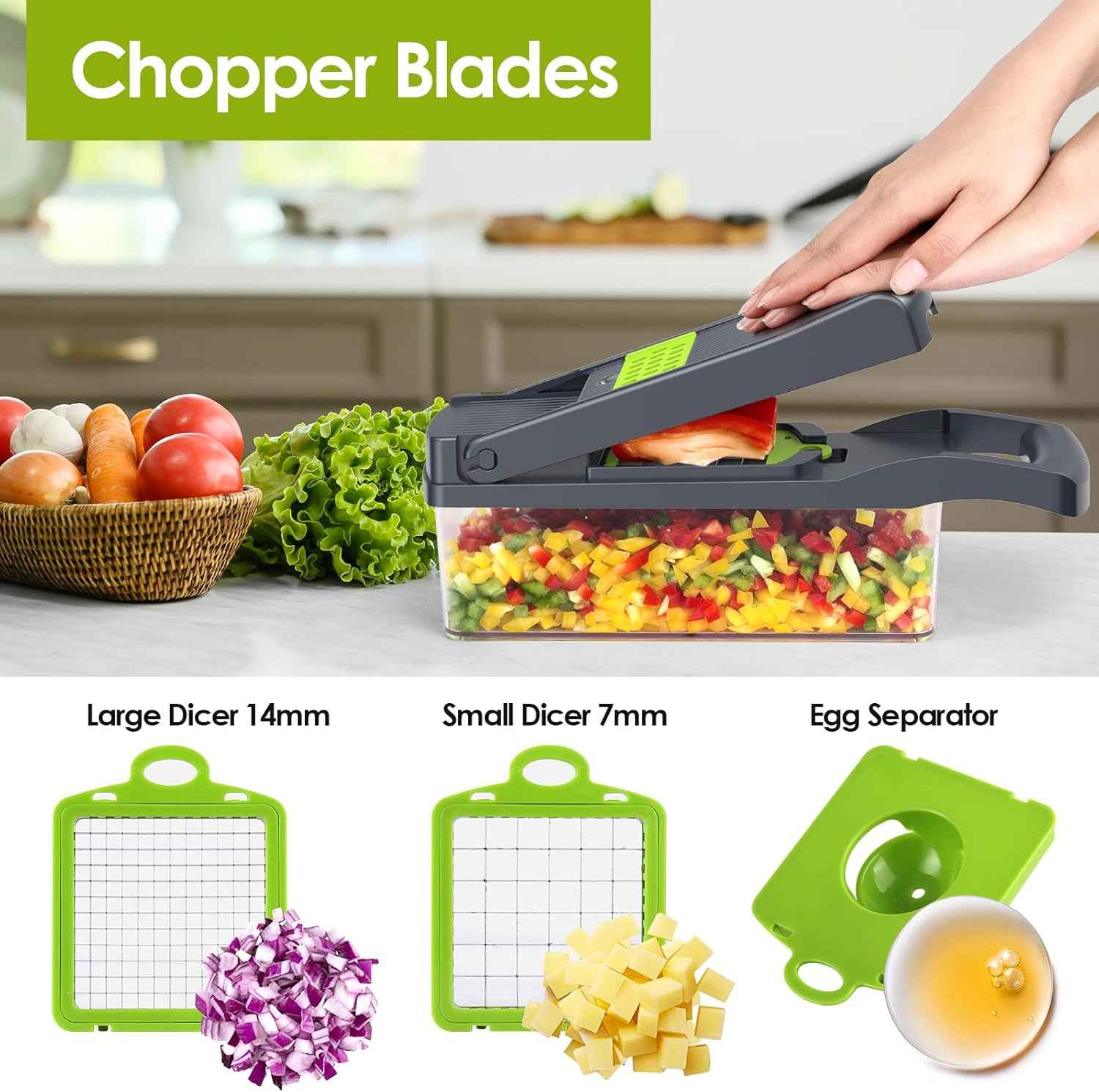 Vegetable Chopper Pro, Mandoline Slicer – 7 Stainless Steel Blades for Onion, Potato, Salad – Safe, Easy Clean & Dishwasher Safe Kitchen Gadget – Ideal for Parents, RV