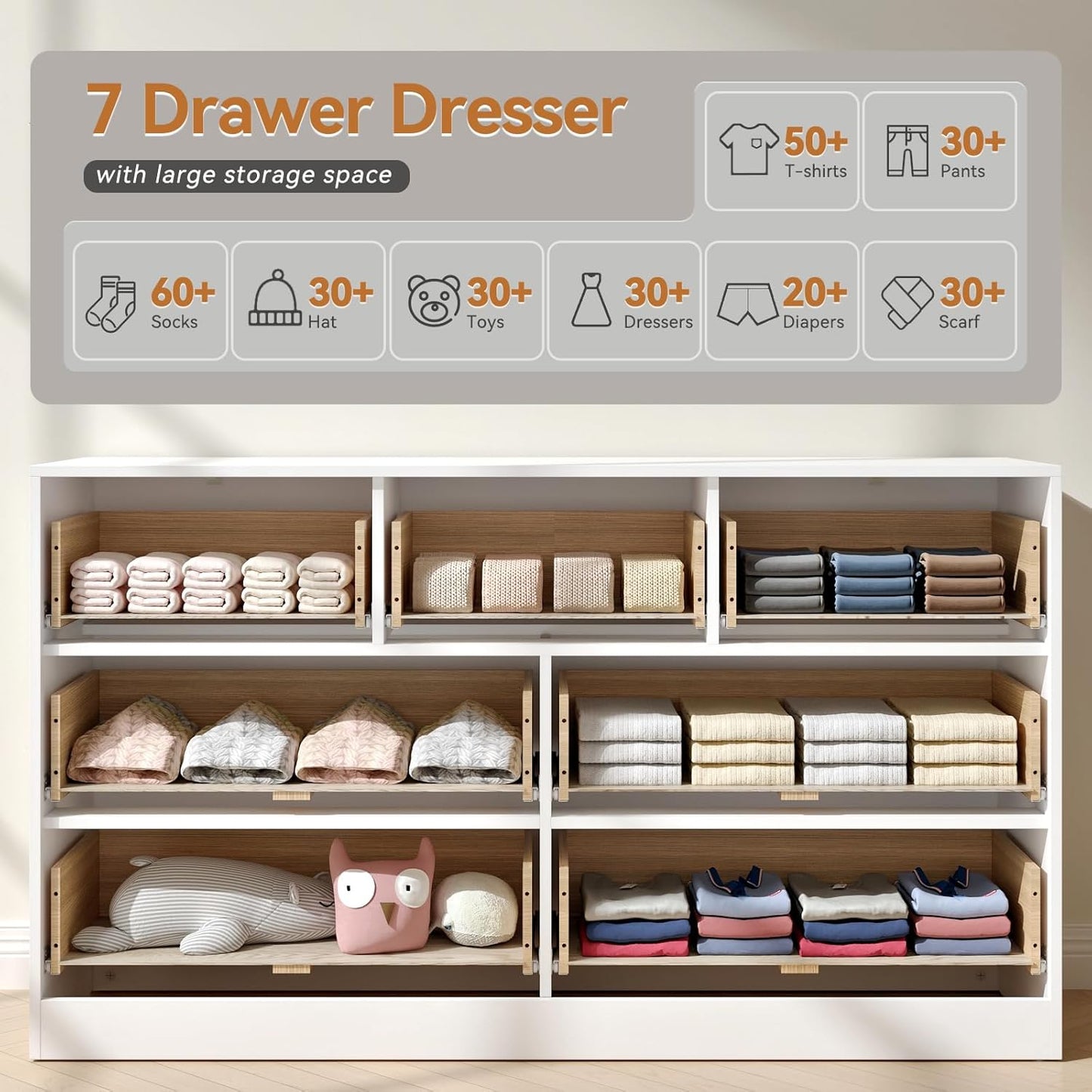 White 7 Drawer Dresser for Bedroom, 55” Wide Fluted Dresser with Gold Handles, Modern Chest of Drawer for Bedroom, Closet, Living Room, Entryway, Hallway, White