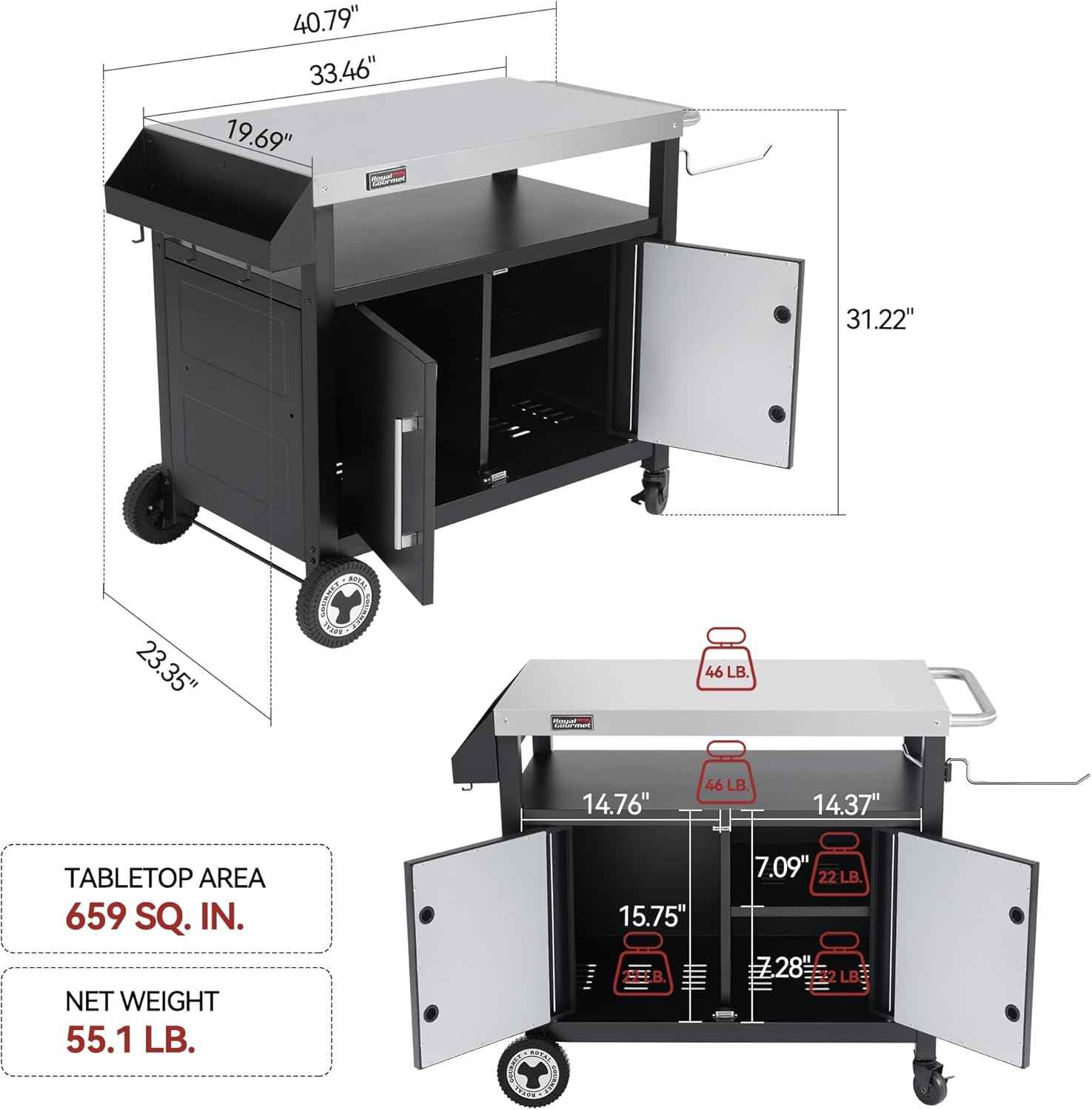 Outdoor Grill Cart with Wheels, Movable Kitchen Island with Storage Cabinet for BBQ, Stainless Steel Dining Cart Table for Food Prep, Black, PC3403S-SC