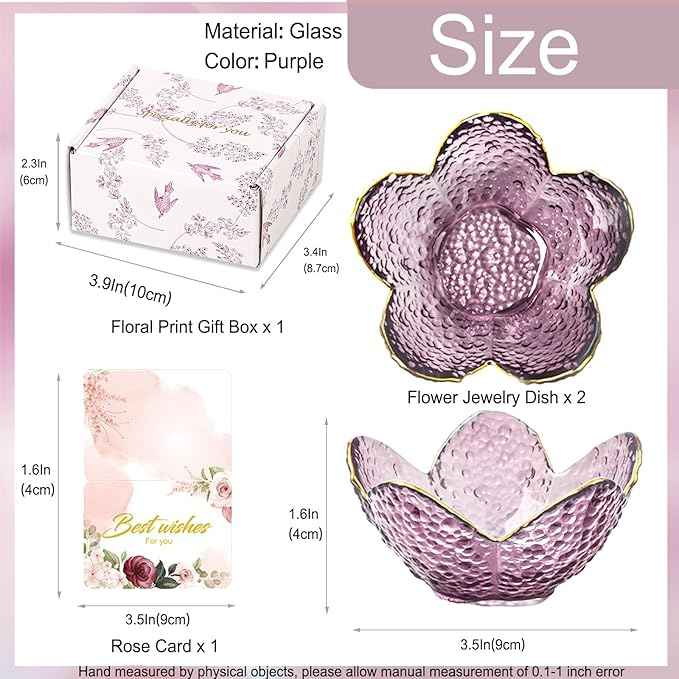 Gifts for Women Purple Flower Jewelry Dish Glass Ring Holder Decorative Jewelry Tray Cute Vanity Room Decor Aesthetic Nightstand Bathroom Decor Trinket Dish Friendship Birthday Christmas Gifts (2pcs)