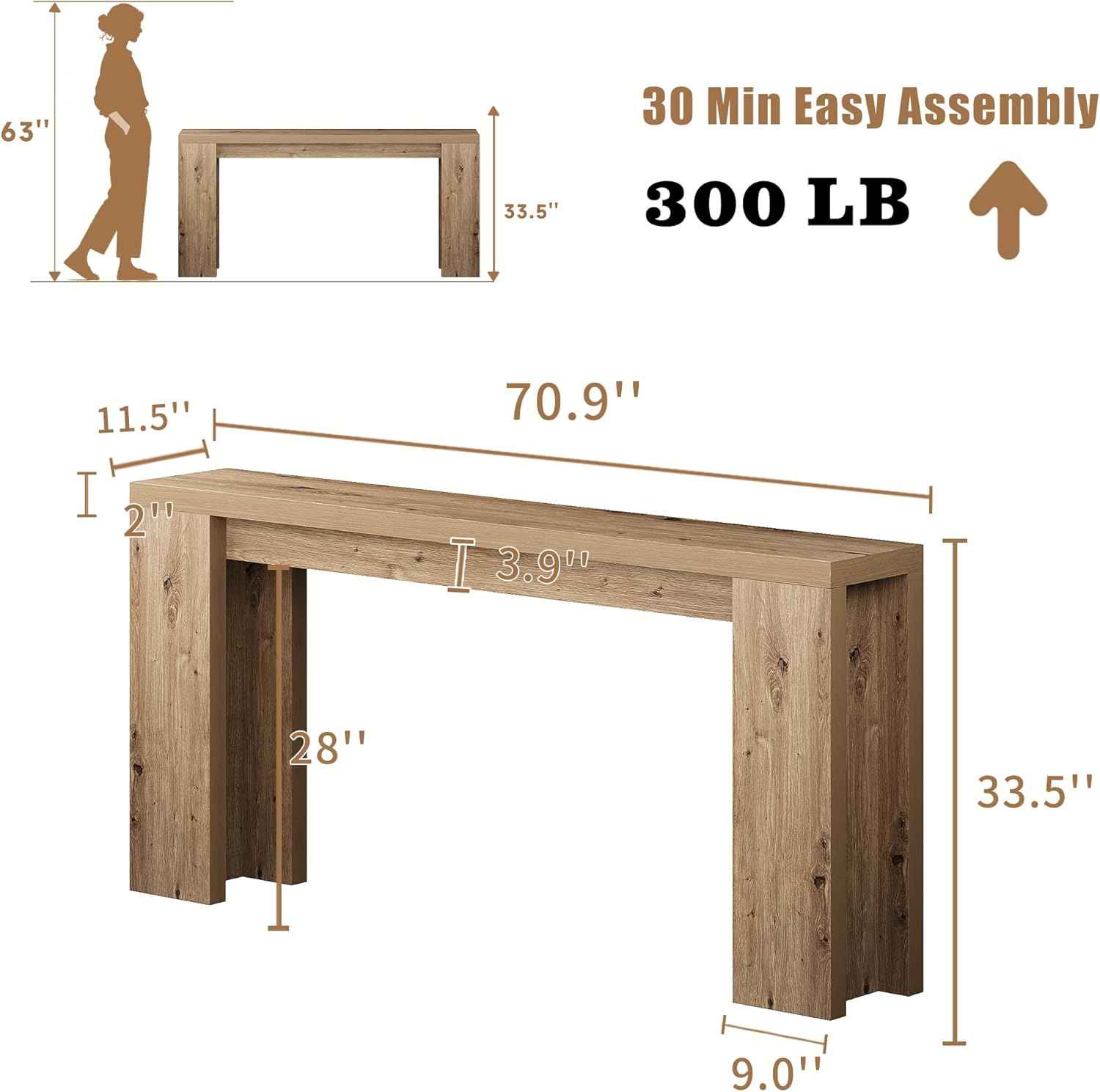 70.9 Inch Extra Long Console Table, Farmhouse Entryway Table with Thickened Base, Wood Sofa Table Behind Couch Table, Narrow Entryway Accent Table for Living Room, Hallway, Entrance, Foyer, Brown