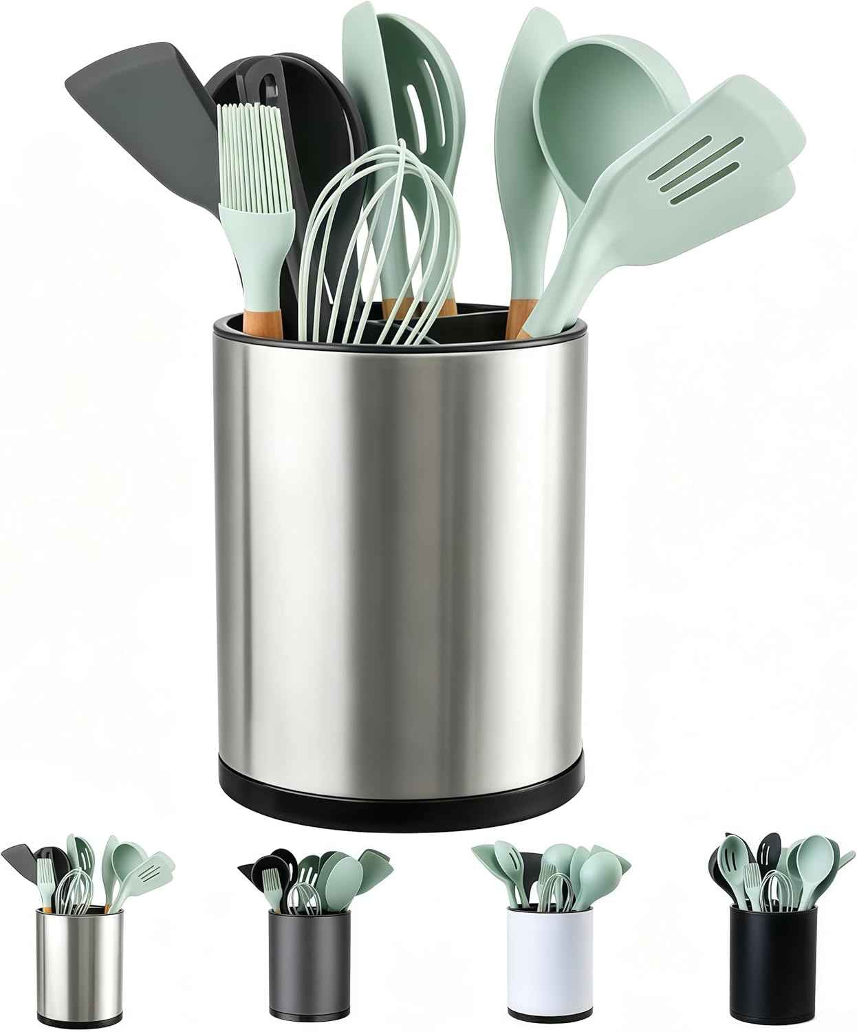 LIBODOUR Kitchen Utensil Holder Extra Large 360°Rotating For Counter Organizer Stainless Steel Storage Cooking Silverware Caddy 3 Compartment Flatware Spoon Spatula Tool Cutlery Container（Silvery）