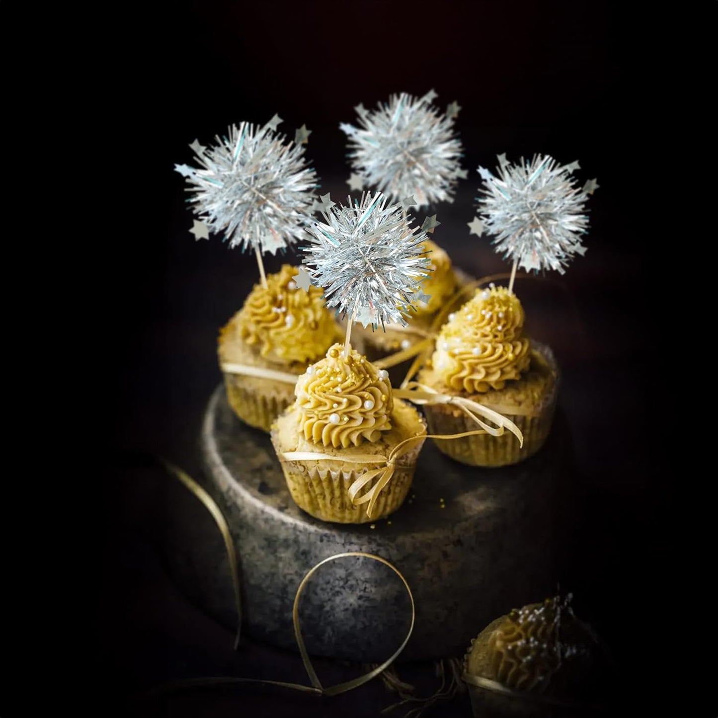 Ephlyn 30Pcs Foil Firework Cupcake Toppers Party Birthday Cake Toppers Supplies Sparkle Tinsel Cocktail Fruit Toothpick for Birthday Wedding Graduation Party Silver