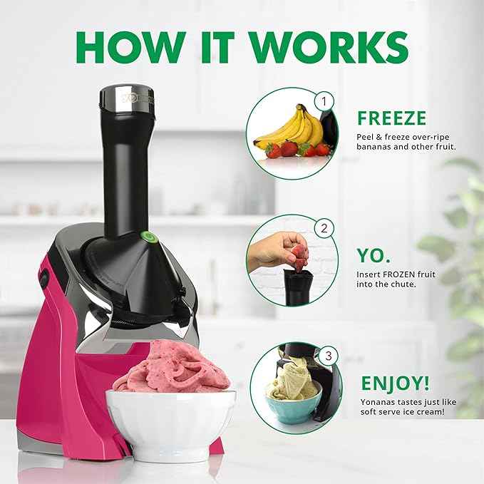 Yonanas 988HP Deluxe Vegan Non-Dairy Frozen Fruit Soft Serve Dessert Maker, BPA Free, Includes 75 Recipes, 200 Watts, Pink