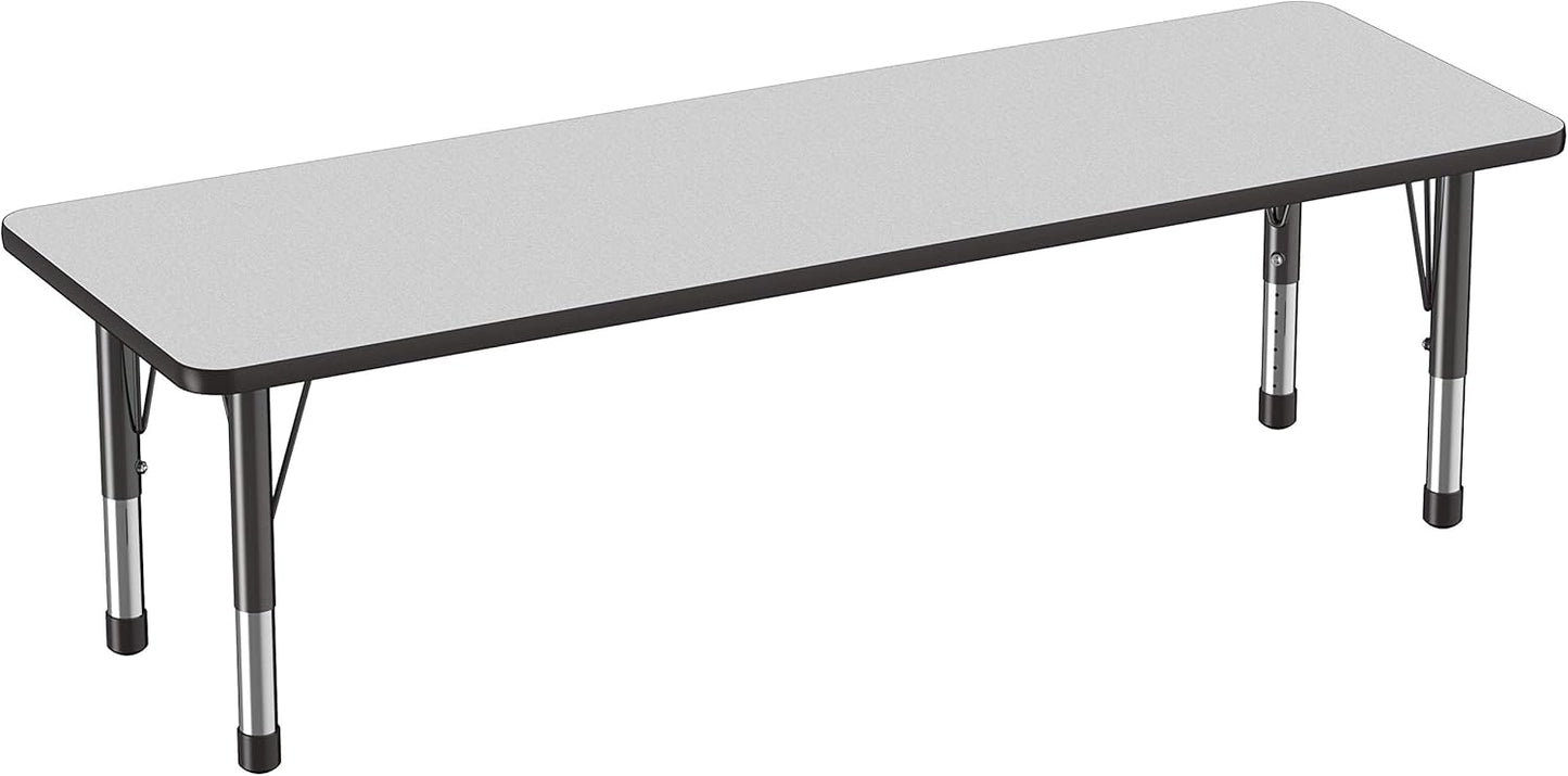 FDP Rectangle Activity School and Classroom Kids Table (24 x 72 inch), Chunky Toddler Legs, Adjustable Table Height 15-24 inches - Gray Top and Black Edge
