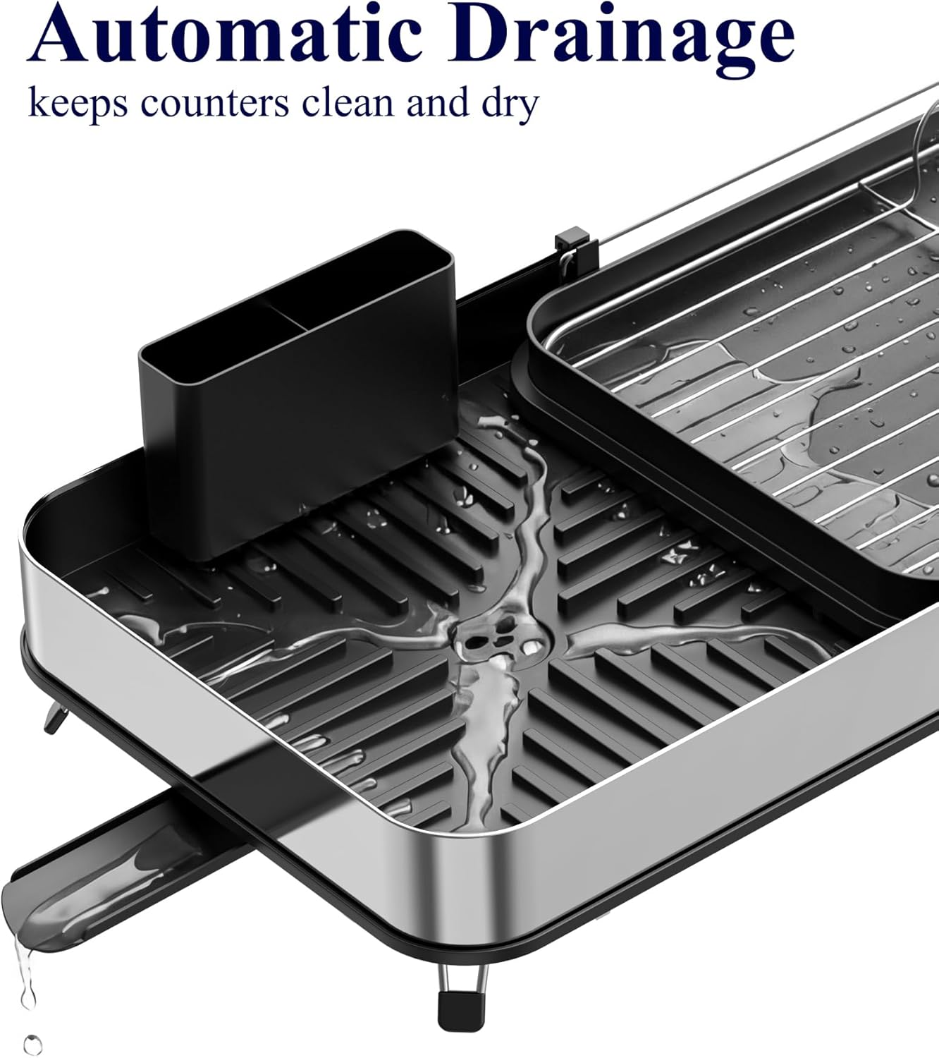Kitsure Dish Drying Rack - Expandable Stainless Steel Dish Racks for Kitchen Counter, Auto-Drain Drying Rack for Kitchen with Cutlery Holder & Non-Slip Feet, 16.1-26.6" L x 12.6" W, Black