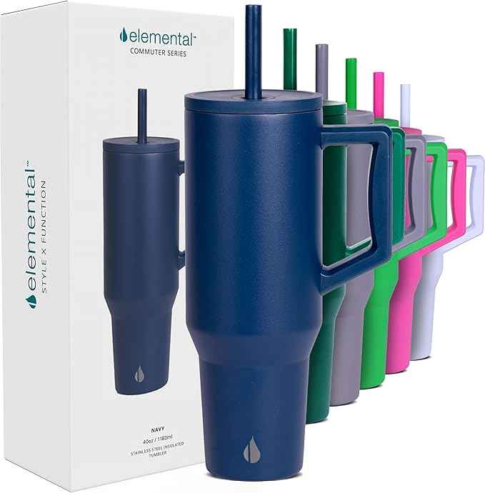 Elemental 40 oz Tumbler with Handle and Straw - Spill Proof Insulated Stainless Steel Commuter for Cold Beverages - Travel Coffee Mug with 2 Straws & Spill Proof Lid - 40oz - Navy Blue
