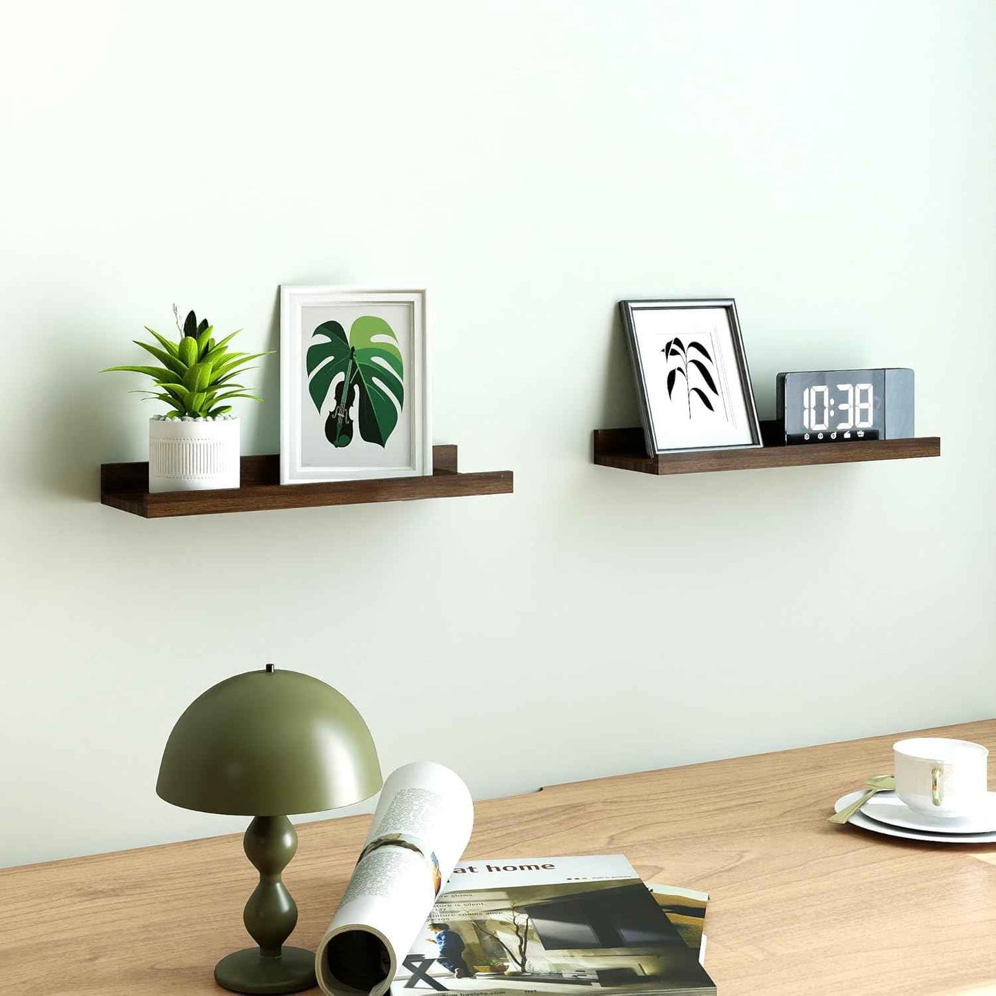Floating Shelves for Wall Decor, Wall Mounted Wood Storage Shelf for Bedroom, Living Room, Bathroom, Kitchen, Nursery, Display Picture Ledge Shelf with Lip Set of 2-14 Inches, Walnut
