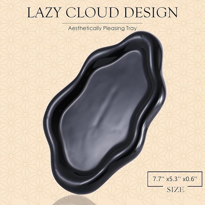 CCINPPY Ceramic Jewelry Tray Trinket Dish, Decorative Cloud Vanity Key Tray for Women, Ring Holder Dish, Cute Jewelry Plate Bowl Room Decor Aesthetic, Black, Medium