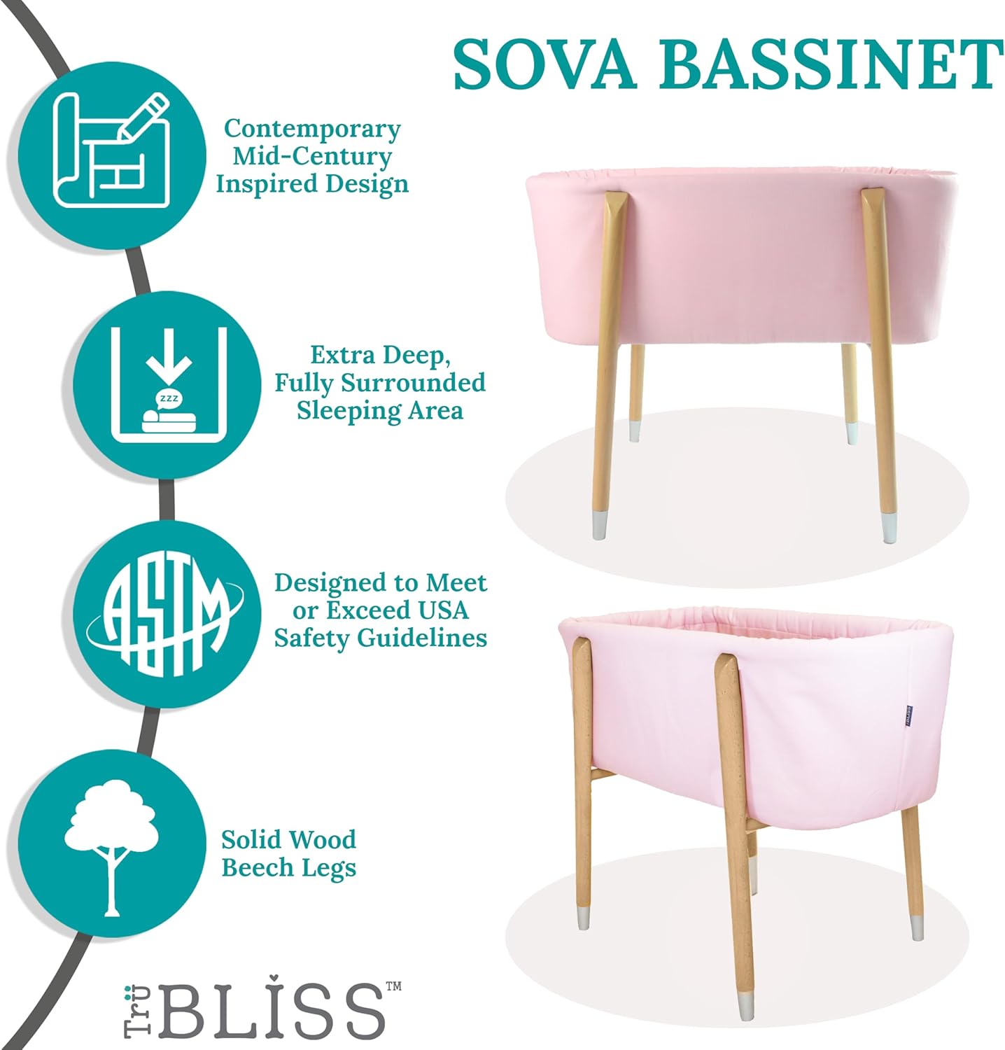 Sova Portable Baby Bassinet, Mid-Century Design with Extra Deep Walls for Newborns and Babies Safety, Includes 2 Fitted Sheets and Padded Mattress (Precious Pink)
