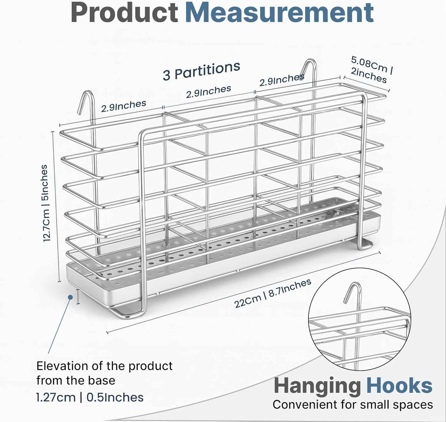 KESOL 304 Stainless Steel Utensil Drying Rack with Hooks & 3 Divided Compartments, Silverware Drying Basket, Spoon and Fork Organizer, Rustproof Kitchen Drainage Basket Accessories, Silver, 2x8.7x5