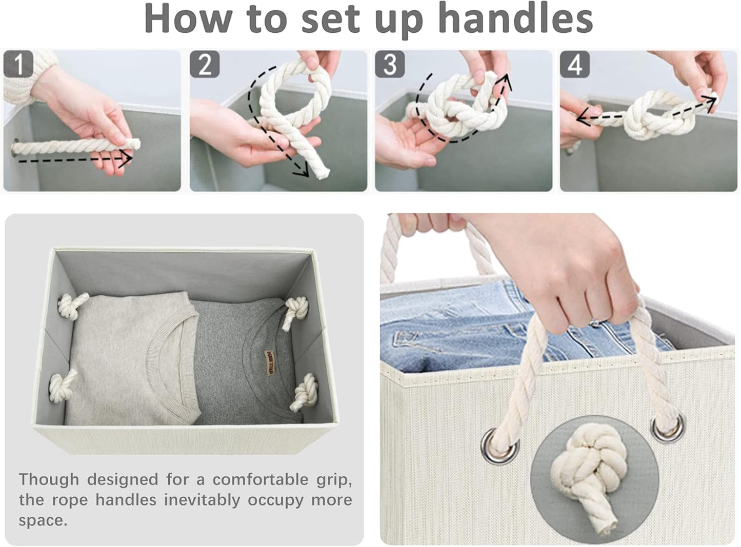 StorageWorks Large Storage Bins with Lids, Decorative Storage Boxes with Lid and Soft Rope Handles, Foldable Storage Baskets for Closet, Shelves, Stackable, Ivory and White, 3-Pack