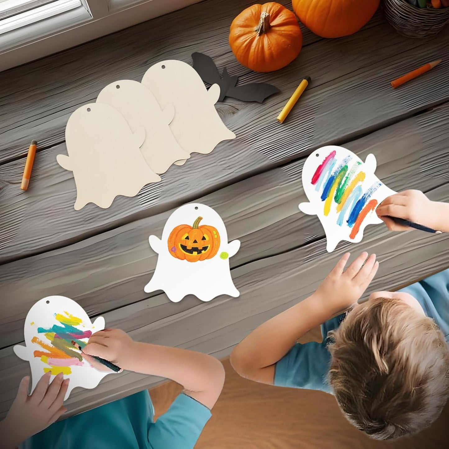 Large Size 7'' Wooden Halloween Ornaments to Paint 30 Pcs DIY Blank Unfinished Ghost Wooden Cutouts with Twines for Halloween Thanksgiving Day Fall Party