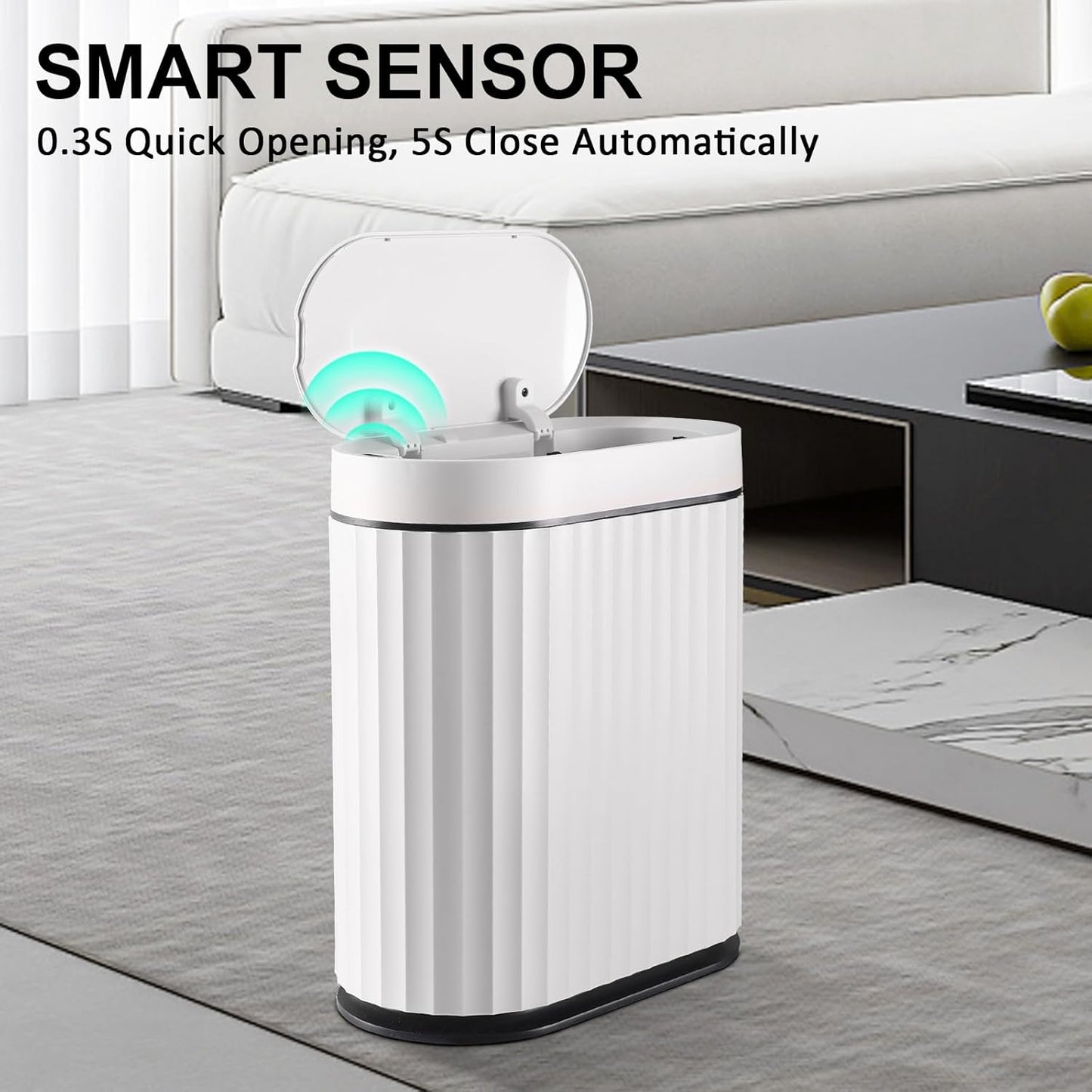 ELPHECO Bathroom Trash Can with Lid 2 Gallon Small Sensor Garbage Can, 9 Liter Slim Smart Trash Bin, Waterproof Automatic Wastebasket, Narrow Plastic Garbage Bin for Bathroom, Black and White