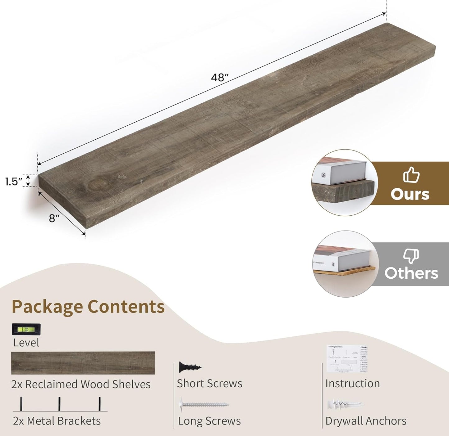 Solid Reclaimed Wood Floating Shelf 48inches Width and 8 inches Depth, Rustic Reclaimed Barnwood Wall Hanging Shelves with Invisible Heavy-Duty Metal Bracket，Cement Grey