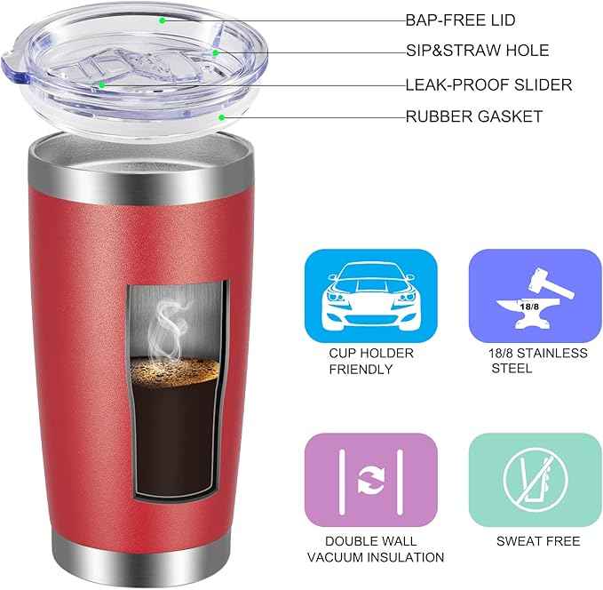 VEGOND 20oz Tumbler with Lid and Straw Stainless Steel Tumbler Cup Bulk Vacuum Insulated Double Wall Travel Coffee Mug Powder Coated Coffee Cup, Red, 6 Pack