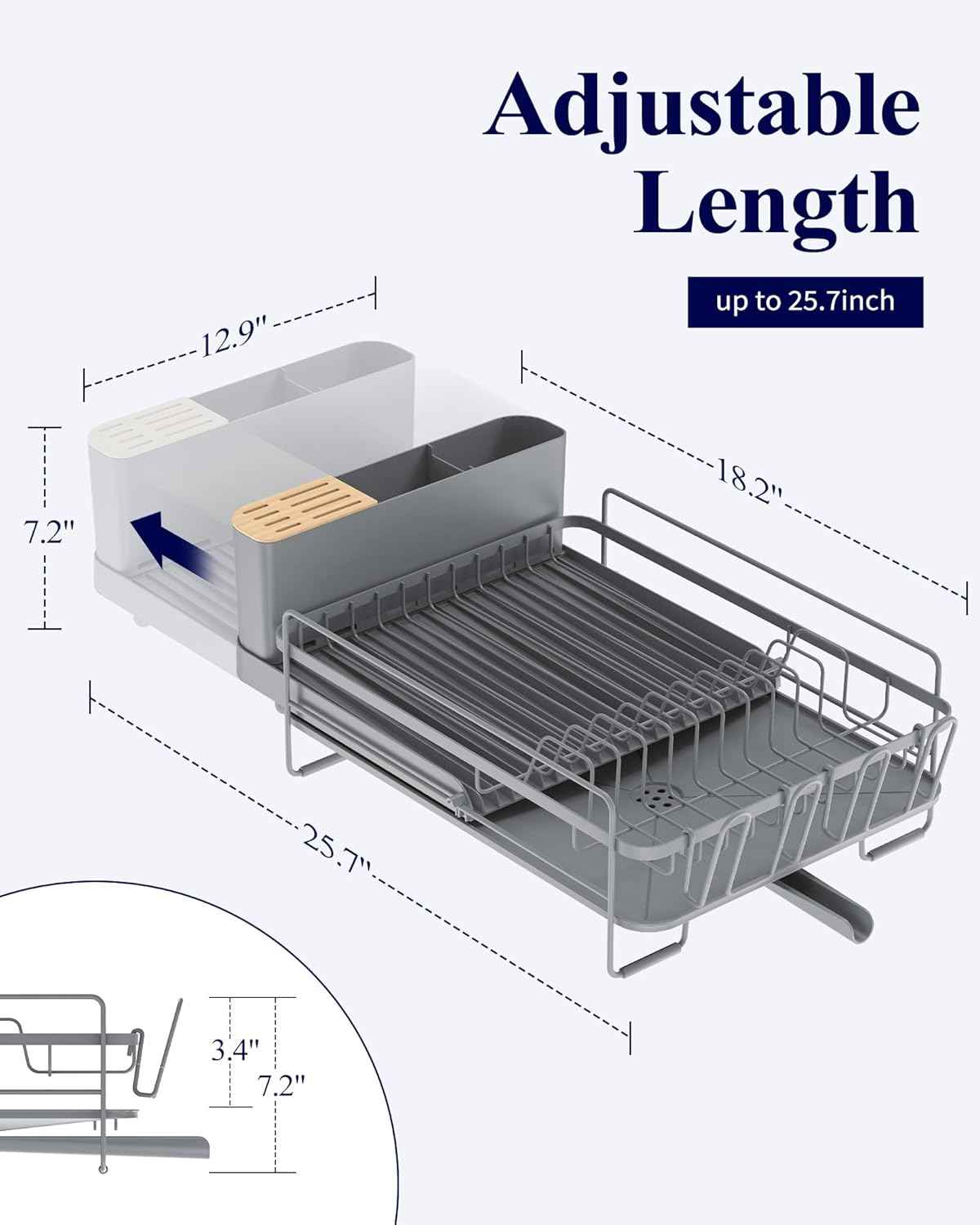 Kitsure Extendable Dish Drying Rack, Large Drying Dish Rack with Cutlery & Cup Holders, Multifunctional Dish Racks for Counter with Drainage, 18.2"-25.7" L x 12.9" W, Grey