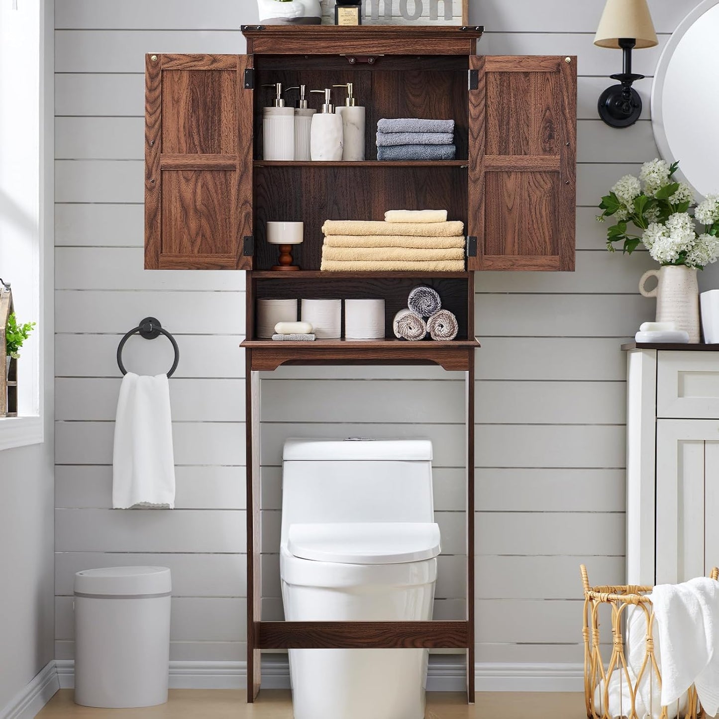 Over The Toilet Storage Cabinet, Farmhouse Bathroom Cabinet with Adjustable Shelf & Barn Door, 67" Tall Over The Toilet Shelf, Brown