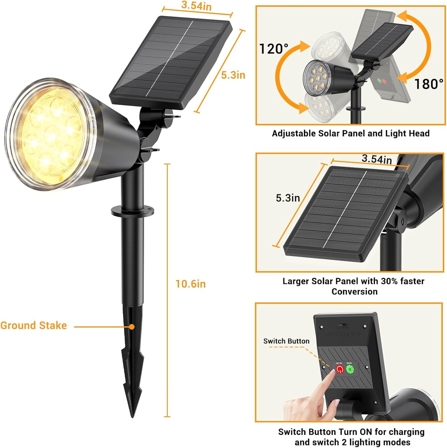 Solar Lights Outdoor Spot Light: 4 Pack 120°&180° Adjustable Bigger LED Solar Spot Lights Outdoor Waterproof - Landscape Lighting Spotlights for Garden, Yard, Pathway, Tree, Flag, Wall (Warm White)