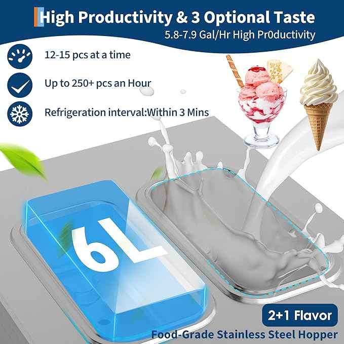 Commercial 1+2 Flavor Countertop Soft Ice Cream Machine, 5.8 to 7.9 Gal per Hour Soft Serve with 7" Touch Panel, 2200W, 115V, Auto Clean, High Productivity, Perfect for Snack Bar