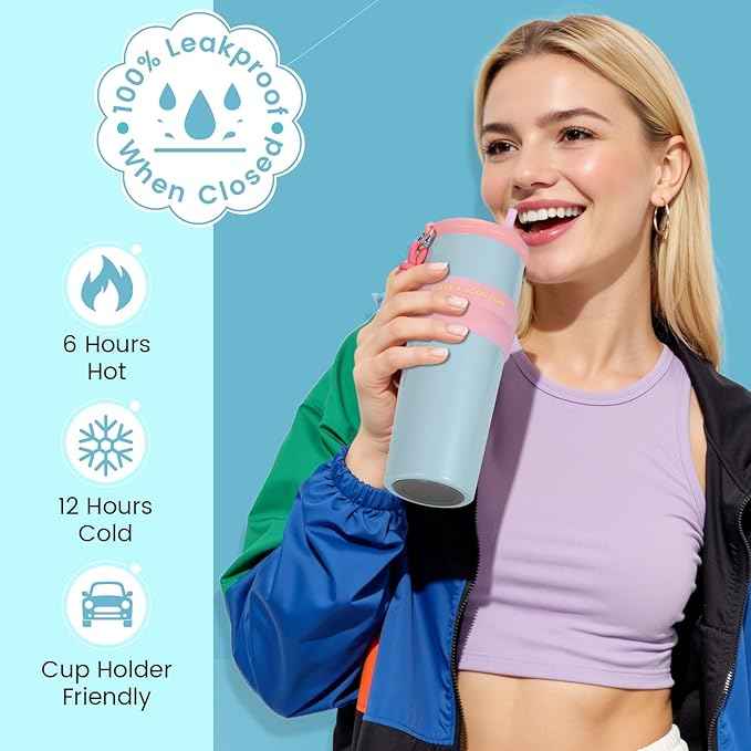 24 oz Stainless Steel Tumbler with Straw, Water Bottle Leak Proof for Hot and Cold, Insulated Coffee Travel Mug, Ceramic Lined Tumbler, Reusable Thermal Coffee Cup Gift for Women (Blue)