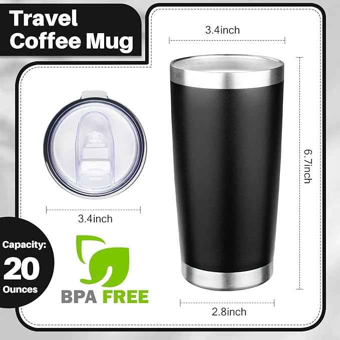 20oz Tumbler with Lid Double Wall Vacuum Insulated Travel Coffee Mug Stainless Steel Thermal Cup Powder Coated Sturdy Coffee Tumbler Bulk for Hot and Cold Beverage (Black,6)