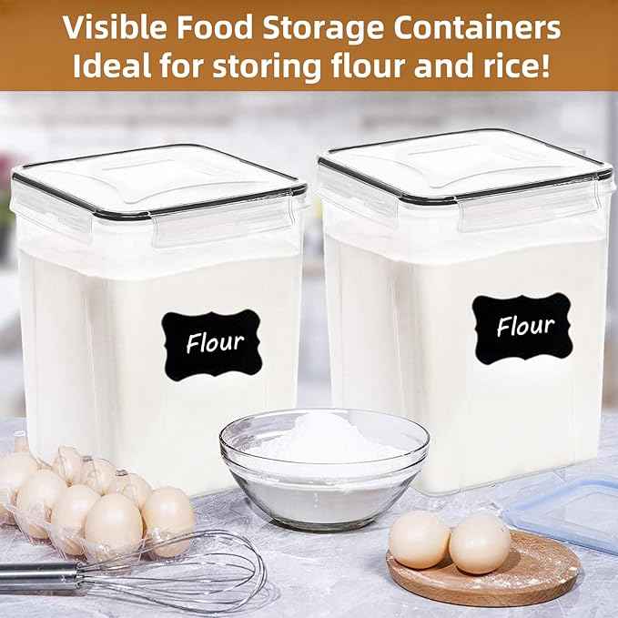 5.2L (175oz) 4-Pack Airtight Food Storage Containers with Organization Kit - BPA-Free Plastic Canisters for Flour, Sugar, Rice & Baking Supplies, Includes Lids, Measuring Cups & Labels, Black