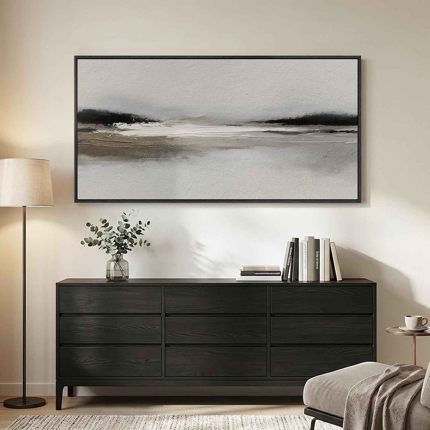 Large Framed Abstract Wall Art for Living Room, Horizontal Black and White Landscape Canvas Prints Paintings Artwork for Walls, Neutral Modern Minimalist Pictures Wall Decor for Bedroom Office 30x60