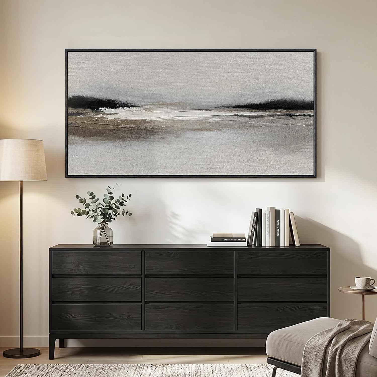 Large Framed Abstract Wall Art for Living Room, Horizontal Black and White Landscape Canvas Prints Paintings Artwork for Walls, Neutral Modern Minimalist Pictures Wall Decor for Bedroom Office 30x60