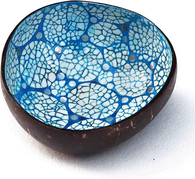 ChezMax Natural Coconut Bowl with Mother of Pearl Inlaid Shell - Handcrafted Home Decoration, Entryway Table Key Bowl or Candy Container, Fruit and Nuts Holder (Blue)