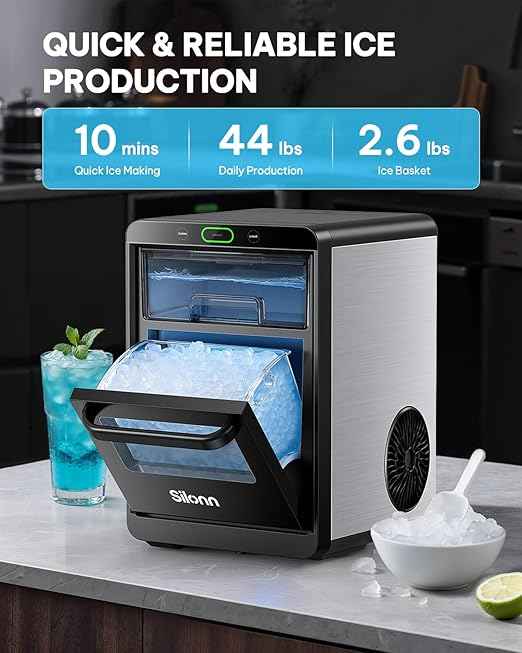 Silonn Nugget Ice Maker Countertop - 44lbs/24h Crushed/Pebble Ice Machine, Front Pull-Out Water Tank & Removable Basket, Stainless Steel Finish for Home Kitchen