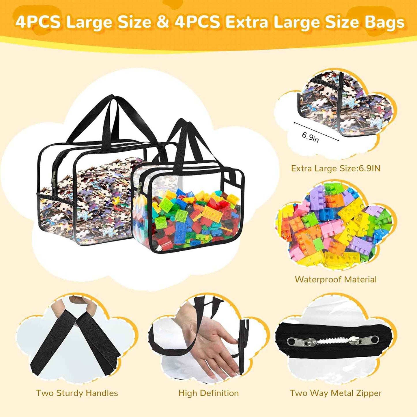 8 Packs Large Toy Storage Bags with Labels, Reusable Clear PVC Board Game Storage, Travel Waterproof Organizer Bags with Zipper for Building Blocks, Puzzle, Kids Books(4 large & 4 Extra Large)