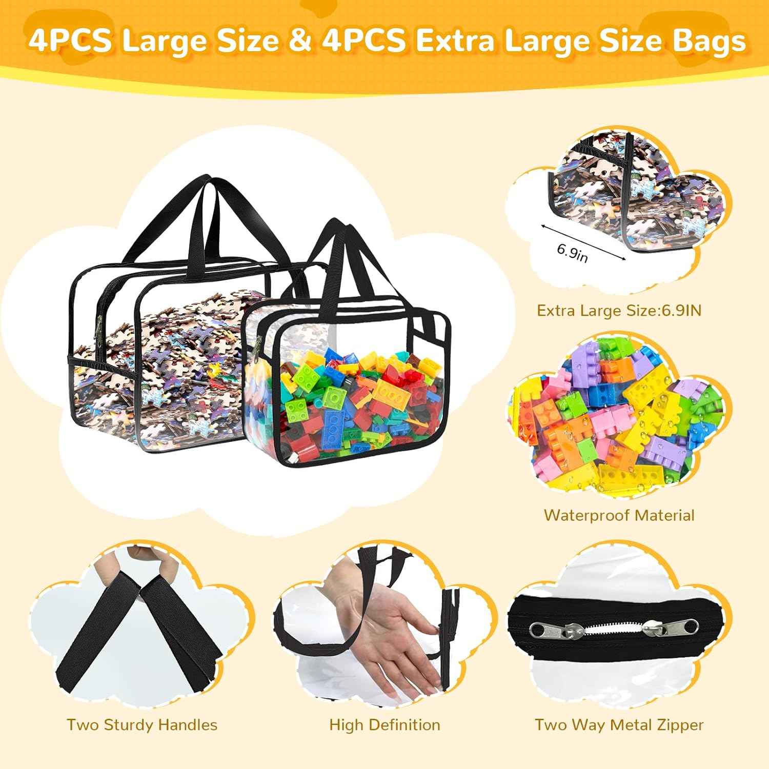 8 Packs Large Toy Storage Bags with Labels, Reusable Clear PVC Board Game Storage, Travel Waterproof Organizer Bags with Zipper for Building Blocks, Puzzle, Kids Books(4 large & 4 Extra Large)