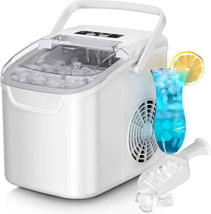 Countertop Ice Maker Machine, 8 Ice Cubes in 6 mins, 26lb/Day Ice with 2 Sizes- Portable Mini, Energy Saving & Basket/Scoop for Home/Party/Travel/Camping/Bar,White